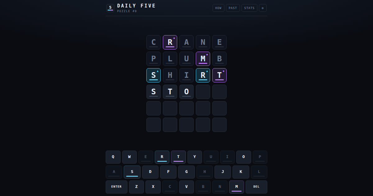 Daily Five — a five-letter word puzzle grid part way through, with green and amber tiles