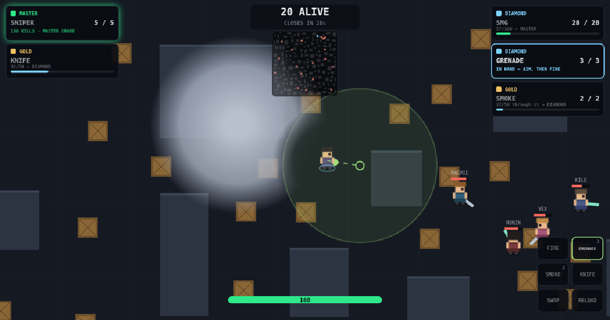 Gun Grade — a top-down shooter with each gun's grade shown in the corners of the screen