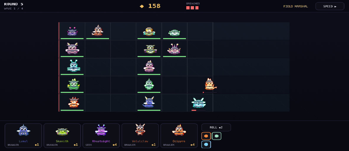 Shadowmon Soldiers — creatures holding five lanes against an advancing wave